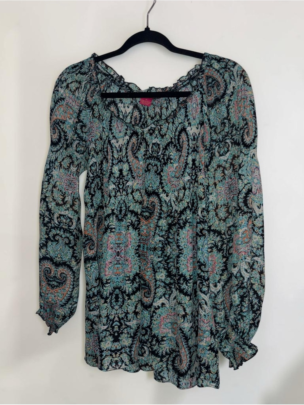 Sunny Leigh Black Paisley Long-Sleeve Blouse with Teal Accents